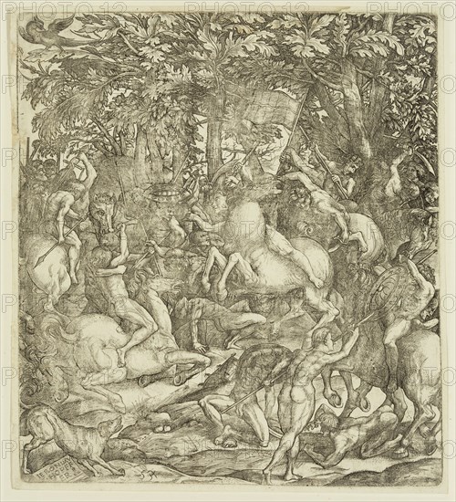 Hieronymus Hopfer, German, active ca. 1520-1530, after Domenico Campagnola, Italian, 1500-1564, Combat between Cavalry and Infantry, early 16th century, etching printed in black ink on laid paper, Plate: 9 5/8 × 8 5/8 inches (24.4 × 21.9 cm)