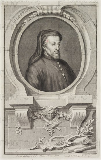 Jacob Houbraken, Dutch, 1698-1780, Geoffrey Chaucer, 1741, engraving and etching printed in black ink on laid paper, Plate: 14 7/8 × 9 3/8 inches (37.8 × 23.8 cm)