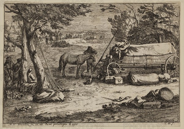 Jan van Huchtenburg, Dutch, 1646-1733, after Adam Frans van der Meulen, Flemish, 1632-1690, Soldiers Resting, between 17th and 18th century, etching printed in black ink on laid paper, Sheet (trimmed within plate mark): 4 1/2 × 6 3/8 inches (11.4 × 16.2 cm)