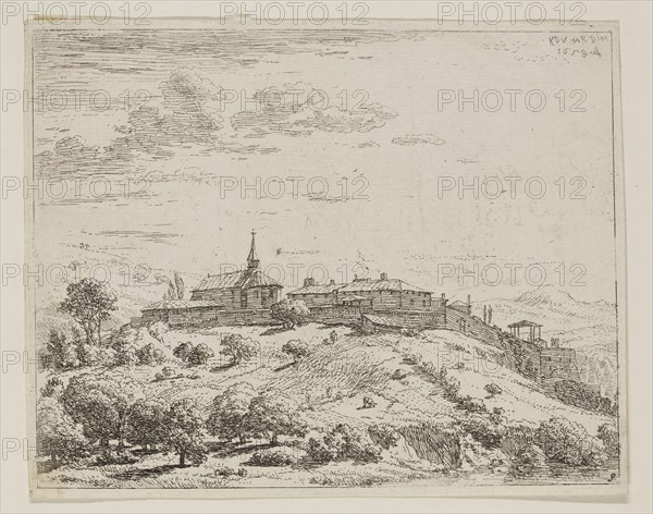 Karel Dujardin, Dutch, 1622-1678, The Village on the Hill, 1658, etching printed in black ink on laid paper, Plate: 4 7/8 × 6 1/8 inches (12.4 × 15.6 cm)