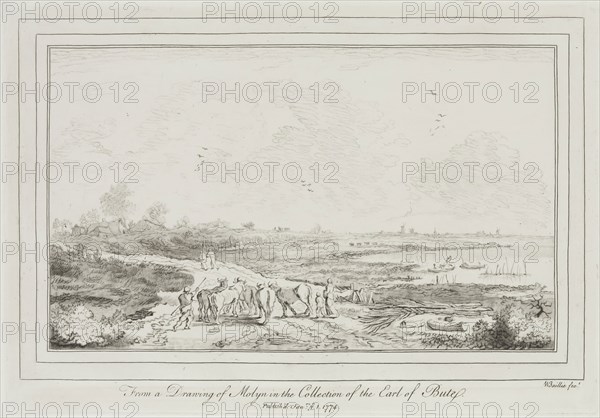 William Baillie, English, 1723-1810, after Pieter Molyn the Elder, Dutch, 1595-1661, Landscape with Herdsman and Cattle on Country Road beside River, ca. 1773, crayon manner engraving and aquatint printed in black ink on wove paper, Plate: 8 7/8 × 12 7/8 inches (22.5 × 32.7 cm)