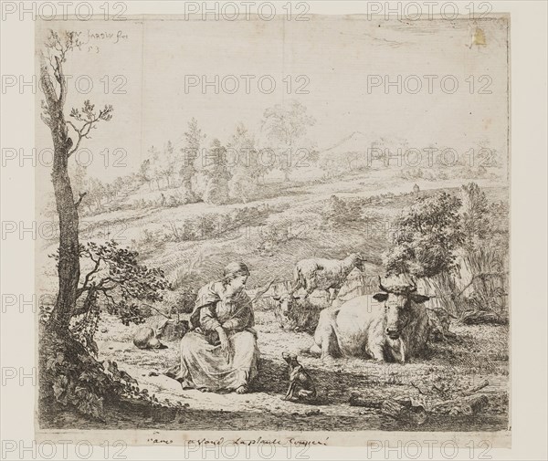 Karel Dujardin, Dutch, 1622-1678, Shepherdess Speaking to Her Dog, 1653, etching printed in black ink on laid paper, Sheet: 7 3/4 × 8 5/8 inches (19.7 × 21.9 cm)