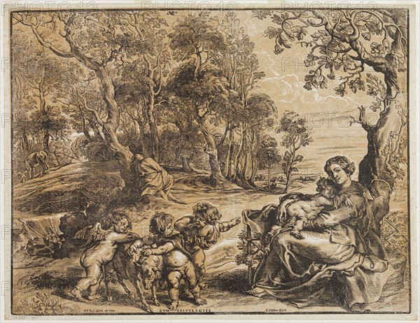 Christoffel Jegher, Flemish, 1596-1653, after Peter Paul Rubens, Flemish, 1577-1640, Rest on the Flight into Egypt, after 1632, chiaroscuro woodcut printed in black and tan ink on cream laid paper, Block: 18 1/4 × 23 3/4 inches (46.4 × 60.3 cm)