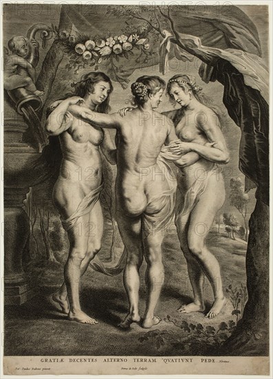 Pieter de, II Jode, Flemish, 1601-1674, The Three Graces, after 1636, engraving printed in black ink on laid paper, Sheet (trimmed within plate mark): 18 7/8 × 13 1/2 inches (47.9 × 34.3 cm)