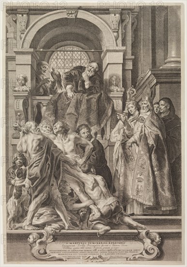 Pieter de, I Jode, Flemish, 1570-1634, Bishop Saint Martin of Tours Casting a Demon out of the Praefect, late 16th/early 17th Century, Engraving, Plate: 273/8 x 18 3/4 in. (69.5 x 47.6 cm)
