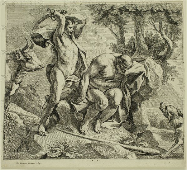 Jacob Jordaens, Flemish, 1593-1678, Mercury Slaying Argus, 1652, etching and engraving printed in black ink on laid paper, Sheet (trimmed within plate mark): 8 5/8 × 9 5/8 inches (21.9 × 24.4 cm)