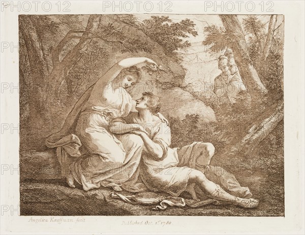 Angelica Kauffmann, Swiss, 1741-1807, Rinaldo and Armida, 1780, etching and aquatint printed in brown ink on laid paper, Plate: 7 × 9 inches (17.8 × 22.9 cm)