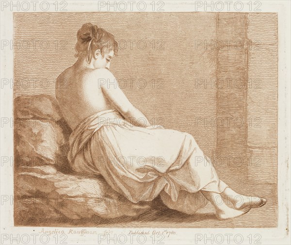 Angelica Kauffmann, Swiss, 1741-1807, Sitting Half Naked Maiden, 1780, etching and aquatint printed in brown ink on laid paper, Plate: 6 1/4 × 7 3/8 inches (15.9 × 18.7 cm)