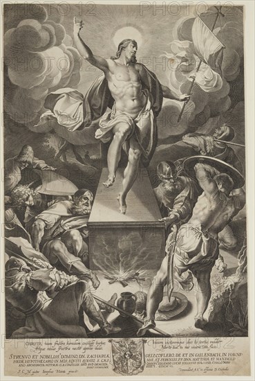 Lucas Kilian, German, 1579-1637, after Josef Heintz, German, 1564-1609, Resurrection of Christ, between 1579 and 1637, engraving printed in black ink on laid paper, Sheet (trimmed within plate mark): 17 1/4 × 11 3/8 inches (43.8 × 28.9 cm)