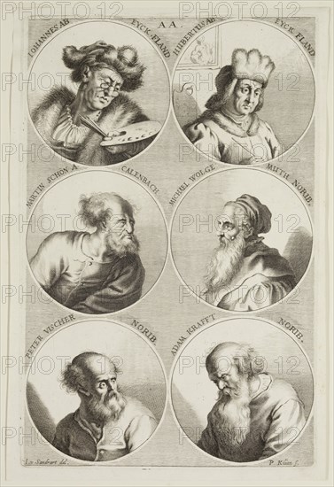 Philipp Kilian, German, 1628-1693, after Joachim von Sandrart I, German, 1606-1688, Portraits of Jan van Eyck, Hubert van Eyck, Martin Schoen, Michael Wolgemuth, Peter Vischer, Adam Krafft, ca. 1683, engraving printed in black ink on laid paper, Plate: 12 3/8 × 8 inches (31.4 × 20.3 cm)