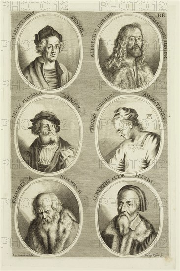 Philipp Kilian, German, 1628-1693, after Joachim von Sandrart I, German, 1606-1688, Portraits of Albrecht Durer, Sr., Albrecht Durer, Lucas Cranach, Hans Burgkmai, Iohannes A. Kulmbach, Albertus Altor Fferus, ca. 1683, engraving printed in black ink on laid paper, Plate: 12 1/8 × 7 7/8 inches (30.8 × 20 cm)