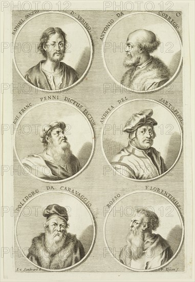 Philipp Kilian, German, 1628-1693, after Joachim von Sandrart I, German, 1606-1688, Portraits of Raphael Sanzio, Antonio da Corregio, Giovanni F. Penni, Andrea de Sarto-Flores, Polidoro da caravaggio, Rosso Florentinus, ca. 1683, engraving printed in black ink on laid paper, Plate: 12 3/8 × 8 1/8 inches (31.4 × 20.6 cm)