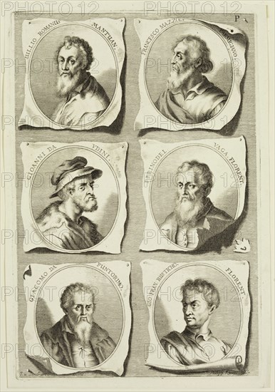 Philipp Kilian, German, 1628-1693, after Joachim von Sandrart I, German, 1606-1688, Portraits of Giulio Romano, Parmigianino, Giovanni da Udine, Pierino del Vaga, Giacomo da Puntorimo, Gio. Fran. Rusticho, ca. 1683, engraving printed in black ink on laid paper, Plate: 12 3/8 × 8 1/4 inches (31.4 × 21 cm)