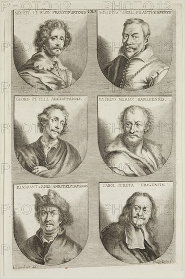 Philipp Kilian, German, 1628-1693, after Joachim von Sandrart I, German, 1606-1688, Portraits of Michel le Blond, Aegidius Sadeler, Georg Petele, Matthaus Merian, Renbrant a Rhen, Carol Screta, ca. 1683, engraving printed in black ink on laid paper, Plate: 12 1/4 × 7 7/8 inches (31.1 × 20 cm)