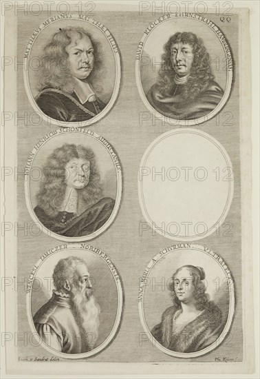 Philipp Kilian, German, 1628-1693, after Joachim von Sandrart I, German, 1606-1688, Portraits of Matthaus Merian, David Klocker, Johan H. Schoenfeld, Wenceslaus Iamiczer, Anna Maria A. Schvrman, ca. 1683, Engraving printed in black ink on wove paper, Plate: 8 3/8 × 8 inches (21.3 × 20.3 cm)