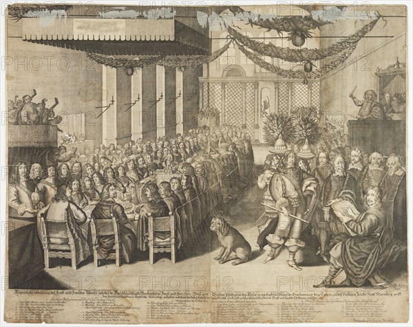Wolfgang Kilian, German, 1581-1662, Festivities in Nuremberg at the Occasion of the Treaty of Westphalia, 1649, engraving printed in black ink on laid paper, Image (and sheet, trimmed within plate mark): 21 3/8 × 26 3/4 inches (54.3 × 67.9 cm)