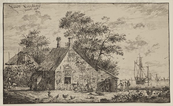 Hendrik Kobell, Dutch, 1751-1779, Farmhouse Beside a River, 18th century, etching printed in black ink on laid paper, Sheet (trimmed within plate mark): 7 1/2 × 12 5/8 inches (19.1 × 32.1 cm)