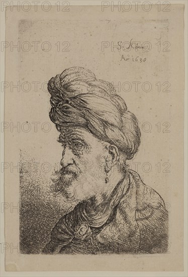 Salomon Koninck, Dutch, 1609-1656, Bust of a Man with Turban, Facing Left, 1638, etching printed in black ink on laid paper, Plate: 5 1/8 × 3 1/4 inches (13 × 8.3 cm)