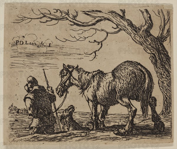 Pieter de Laer, Dutch, 1592-1642, Peasant Leading a Horse, between 1592 and 1642, etching printed in black ink on laid paper, Plate: 3 1/8 × 3 3/4 inches (7.9 × 9.5 cm)