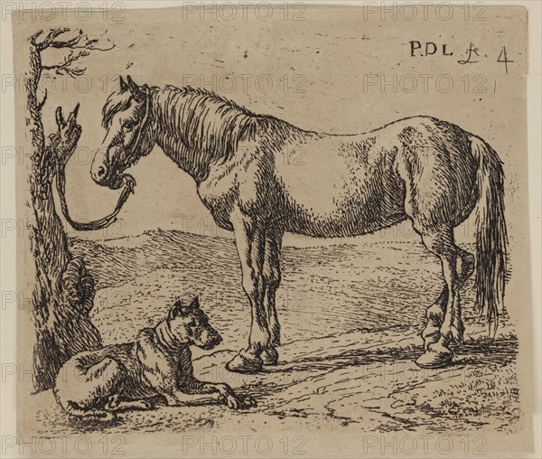Pieter de Laer, Dutch, 1592-1642, Horse and Dog, between 1592 and 1642, etching printed in black ink on laid paper, Plate: 3 1/4 × 3 3/4 inches (8.3 × 9.5 cm)