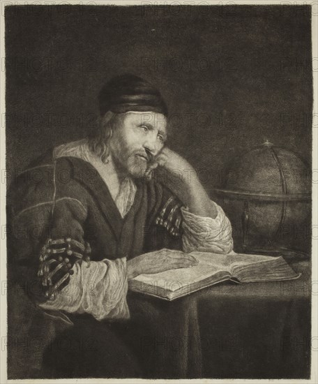 William Baillie, English, 1723-1810, after Gerard ter Borch, Dutch, 1617-1681, Student Sitting before a Table with Globe and Books, between 1723 and 1799, etching printed in black ink on wove paper, Plate: 11 1/2 × 9 3/8 inches (29.2 × 23.8 cm)