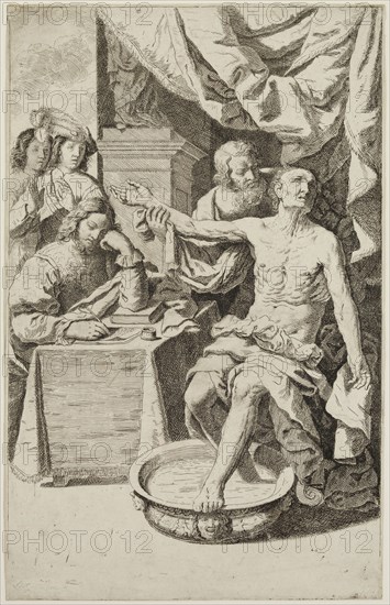 Ludovico Lana, Italian, 1597-1646, Death of Seneca, 17th century, etching printed in black ink on laid paper, Sheet (trimmed within plate mark): 17 3/8 × 11 1/8 inches (44.1 × 28.3 cm)