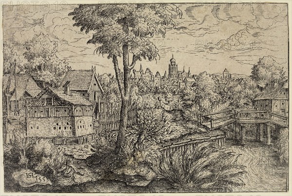Hans Sebald Lautensack, German, 1524-1560, Landscape with a Farm and a Wooden Bridge, 1553, etching printed in black ink on laid sheet, Sheet (trimmed within plate mark): 4 3/8 × 6 5/8 inches (11.1 × 16.8 cm)