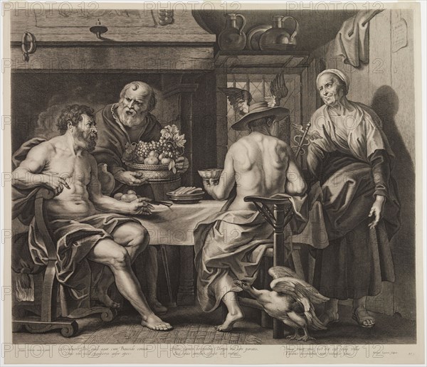 Nicolaes Lauwers, Flemish, 1600-1652, after Jacob Jordaens, Flemish, 1593-1678, Jupiter and Mercury with Philemon and Baucis, mid-17th century, engraving printed in black ink on wove? paper, Plate: 19 1/4 × 22 1/4 inches (48.9 × 56.5 cm)