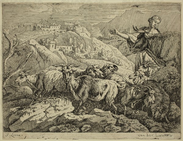 Govaert van der Leeuw, Dutch, 1645-1688, The Shepherdess with the Herd, 17th century, etching printed in black ink on laid paper, Sheet (trimmed within plate mark): 6 3/4 × 8 7/8 inches (17.1 × 22.5 cm)