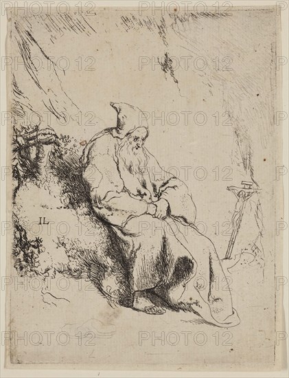 Jan Lievens, Dutch, 1607-1674, The Hermit, 17th century, etching printed in black ink on laid paper, Plate: 4 3/4 × 3 1/2 inches (12.1 × 8.9 cm)