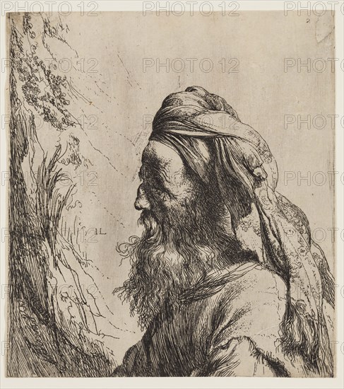 Jan Lievens, Dutch, 1607-1674, Bust of a Bearded Oriental Man with Turban, 17th century, etching printed in black ink on laid paper, Sheet (trimmed within plate mark): 6 3/8 × 5 3/4 inches (16.2 × 14.6 cm)