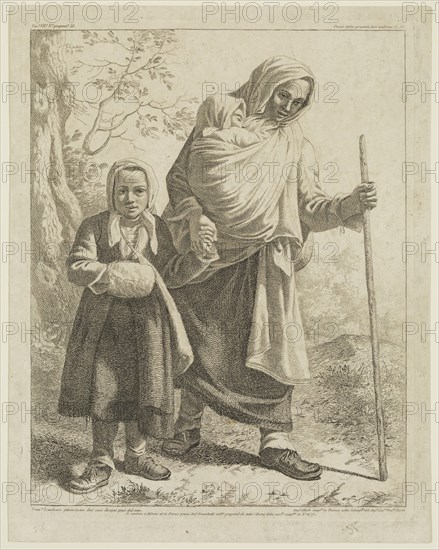 Francesco Londonio, Italian, 1723-1783, Woman Carrying an Infant and Leading a Girl by the Hand, 1760, etching printed in black ink on wove paper, Plate: 9 3/4 × 7 5/8 inches (24.8 × 19.4 cm)