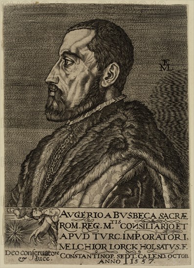 Melchoir Lorch, German, 1527-1594, Augier Ghislen Busbecq 1522 - 1592, 1557, engraving printed in black ink on laid paper, Sheet (trimmed within plate mark): 4 7/8 × 3 1/2 inches (12.4 × 8.9 cm)