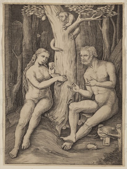 Unknown (Dutch), after Lucas van Leyden, Netherlandish, 1494-1533, Fall of Adam and Eve, between 1508 and 1887, engraving printed in black ink on laid paper, Sheet (trimmed within plate mark): 4 3/4 × 3 1/2 inches (12.1 × 8.9 cm)