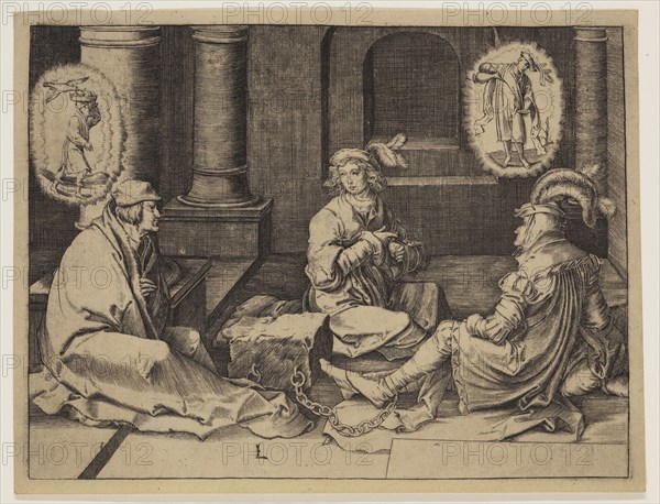 Lucas van Leyden, Netherlandish, 1494-1533, Joseph Interpreting the Dreams in Prison, 1512, Engraving printed in black ink on wove paper, Sheet (trimmed within plate mark): 5 1/8 × 6 3/4 inches (13 × 17.1 cm)