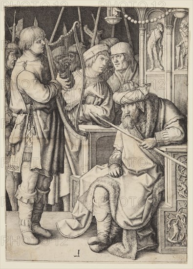 Lucas van Leyden, Netherlandish, 1494-1533, David Playing the Harp before Saul, ca. 1508, engraving printed in black ink on laid paper, Sheet (trimmed within plate mark): 10 × 7 1/8 inches (25.4 × 18.1 cm)