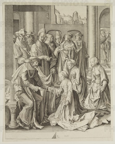Unknown (Dutch), after Lucas van Leyden, Netherlandish, 1494-1533, Esther Before Ahasuerus, 19th century, etching and aquatint printed in black ink on wove paper, Sheet (trimmed within plate mark): 11 1/8 × 8 7/8 inches (28.3 × 22.5 cm)