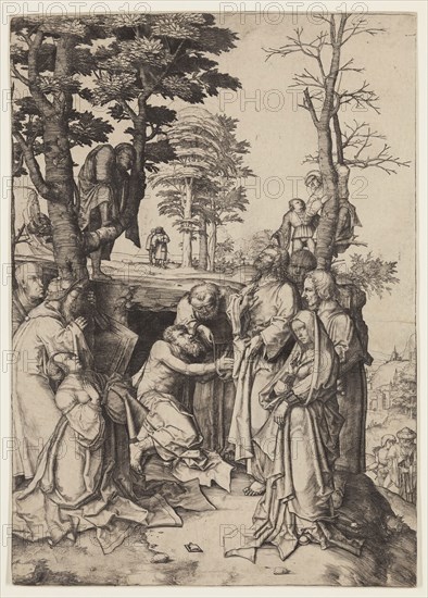 Lucas van Leyden, Netherlandish, 1494-1533, Raising of Lazarus, 1508, engraving printed in black ink on laid paper, Sheet (trimmed within plate mark): 11 3/8 × 8 inches (28.9 × 20.3 cm)