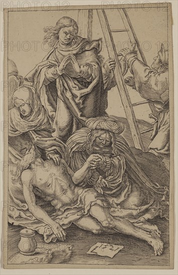 Unknown (Dutch), after Lucas van Leyden, Netherlandish, 1494-1533, The Descent from the Cross, between 1521 and 1887, etching and engraving printed in black ink on wove paper, Sheet (trimmed within plate mark): 4 3/4 × 3 inches (12.1 × 7.6 cm)