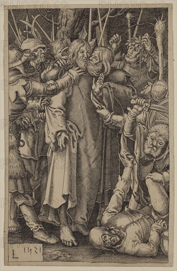 Unknown (Dutch), after Lucas van Leyden, Netherlandish, 1494-1533, The Betrayal of Christ, between 1521 and 1887, etching and engraving printed in black ink on wove paper, Sheet (trimmed within plate mark): 4 5/8 × 3 inches (11.7 × 7.6 cm)