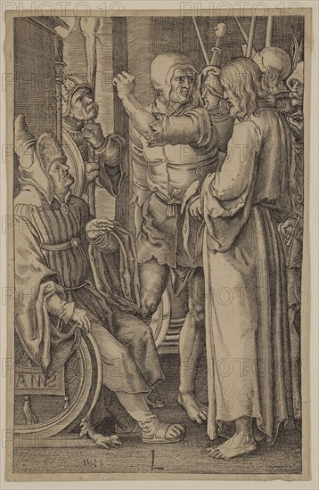 Unknown (Dutch), after Lucas van Leyden, Netherlandish, 1494-1533, Christ before Annas, between 1521 and 1887, etching and engraving printed in black ink on wove paper, Sheet (trimmed within plate mark): 4 1/2 × 2 7/8 inches (11.4 × 7.3 cm)