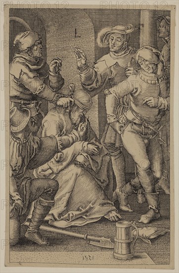 Unknown (Dutch), after Lucas van Leyden, Netherlandish, 1494-1533, The Mocking of Christ, between 1521 and 1887, etching and engraving printed in black ink on wove paper, Sheet (trimmed within plate mark): 4 5/8 × 3 inches (11.7 × 7.6 cm)