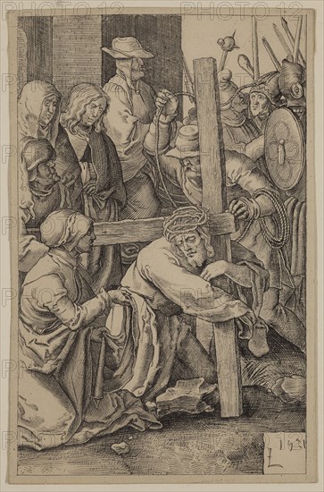 Unknown (Dutch), after Lucas van Leyden, Netherlandish, 1494-1533, The Bearing of the Cross, between 1521 and 1887, etching and engraving printed in black ink on wove paper, Sheet (trimmed within plate mark): 4 5/8 × 3 inches (11.7 × 7.6 cm)