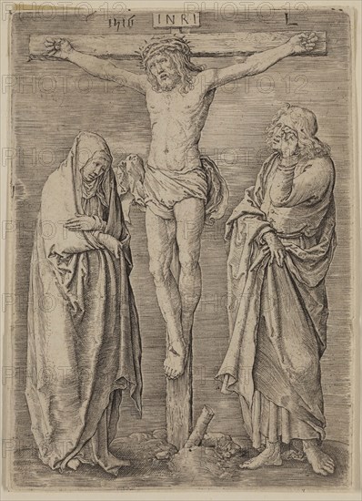 Lucas van Leyden, Netherlandish, 1494-1533, The Virgin and Saint John at the Foot of the Cross, 1516, engraving printed in black ink on laid paper, Plate: 4 5/8 × 3 3/8 inches (11.7 × 8.6 cm)