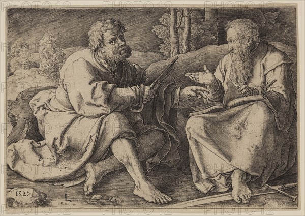 Lucas van Leyden, Netherlandish, 1494-1533, Saint Peter and Saint Paul, 1527, engraving printed in black ink on laid (?) paper, Sheet (trimmed within plate mark): 4 × 5 3/4 inches (10.2 × 14.6 cm)