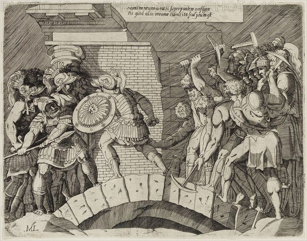 Michele Greco, Italian, 1539-1604, Horatio Cocles Defending the Bridge against the Soldiers of Porsena, between 16th and 17th century, engraving printed in black ink on laid paper, Plate: 9 7/8 × 12 5/8 inches (25.1 × 32.1 cm)