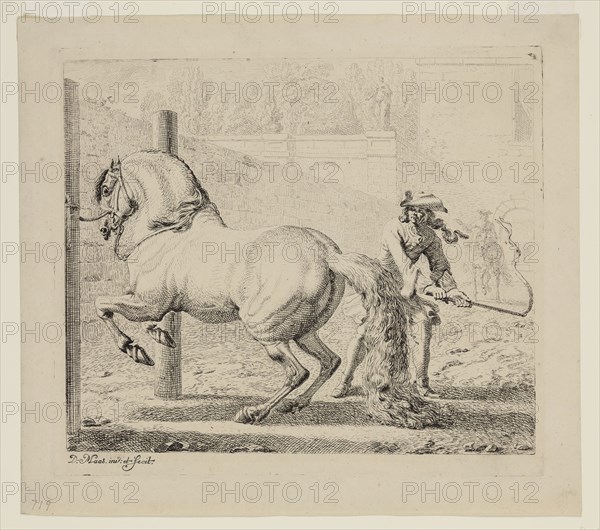 Dirk Maas, Dutch, 1659-1717, Fractious Horse Between Two Posts, between mid-17th and early 18th century, etching printed in black ink on laid paper, Plate: 8 × 9 1/4 inches (20.3 × 23.5 cm)