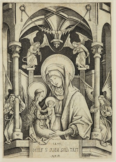 Mair von Landshut, German, active ca. 1485-1520, The Virgin and Child with Saint Anne, ca. 1499, engraving printed in black ink on laid paper, Sheet (trimmed to plate mark): 9 3/8 × 6 1/2 inches (23.8 × 16.5 cm)