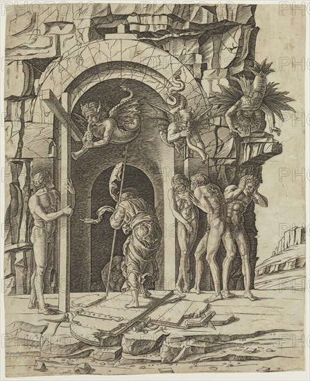 Andrea Mantegna, Italian, 1431-1506, The Descent to Hell, between 1450 and 1500, engraving printed in black ink on laid paper, Sheet (trimmed within plate mark): 16 3/8 × 13 3/8 inches (41.6 × 34 cm)