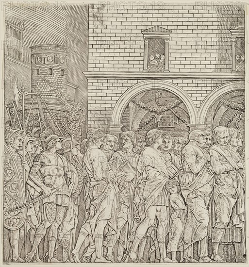 Andrea Mantegna, Italian, 1431-1506, Triumph of Caesar, the Senators, between 1450 and 1500, engraving printed in black ink on laid paper, Image: 11 1/8 × 10 1/2 inches (28.3 × 26.7 cm)